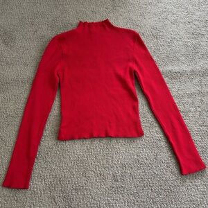 Red Ribbed Mock Neck Long Sleeve Top